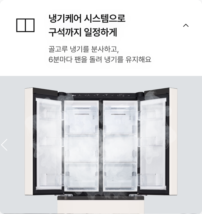 좌측에 냉장고가 열린 상태로 냉기가 가득차있는 듯한 분위기가 보여지고있고, '골고루 냉기를 분사하고, 6분마다 팬을 돌려 냉기를 유지해요​'텍스트가 배치되어있음