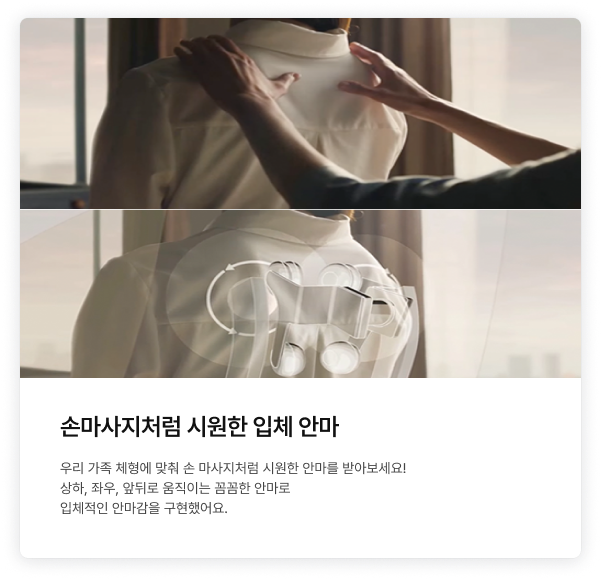 위쪽은 사람의 손으로 등을 마사지하는 모습, 아래쪽은 안마의자 내부의 롤러가 사람의 등 굴곡을 따라 움직이는 투시 모습을 비교한 이미지