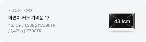 좌측에는 '초대화면, 초경량', '화면이 커도 가벼운 17', '43.1cm / 1,369g (17Z90TP) / 1,479g (17Z90TR)' 문구가 적혀 있고, 우측에는 대각선 화살표와 함께 43.1cm라고 표기된 디스플레이 아이콘이 있음.
