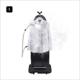 시스템 아이어닝을 스탠딩 모드로 하여 옷을 걸어 스티머로 스팀을 분사하는 이미지