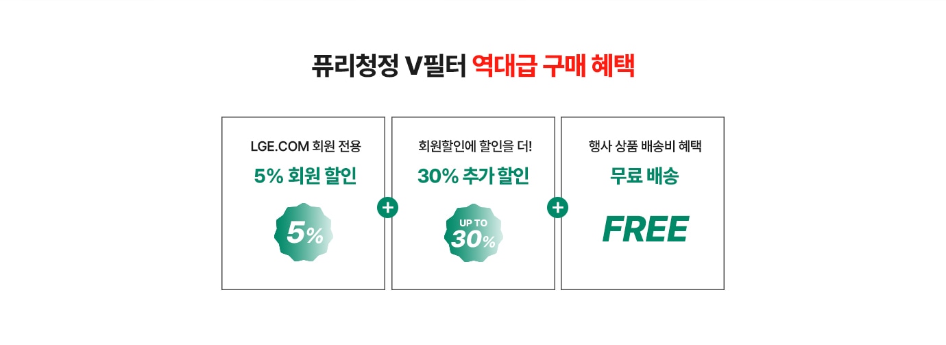 퓨리청정 v필터 역대급 구매혜택.
1. LGE.COM 회원 전용 5% 회원 할인
2. 회원 할인에 할인을 더! 30% 추가 할인
3. 행사 상품 배송비 혜택 무료배송