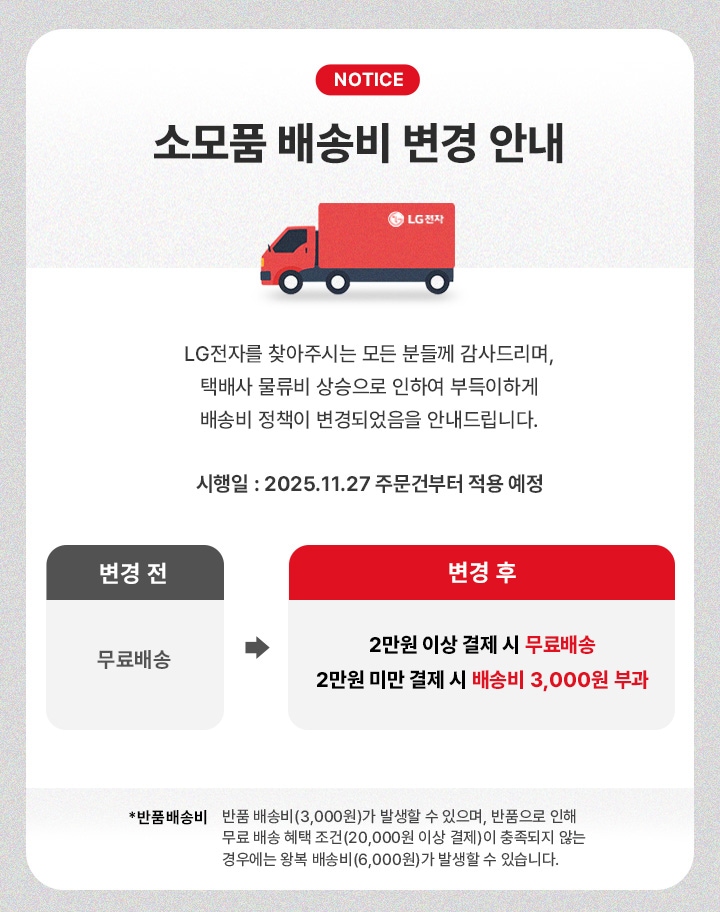 소모품 배송비 변경 안내.
 
LG전자를 찾아주시는 모든 분들께 감사드리며, 택배사 물류비 상승으로 인하여 부득이하게 배송비 정책이 변경되었음을 안내드립니다.
 
시행일은 2025년 11월 27일 주문건부터 적용될 예정입니다.
 
변경전에는 무료배송이었으나
변경후에는 2만원 이상 결제하시면 무료로 배송되며 2만원 미만으로 결제하시는 경우에는 배송비 3,000원이 부과됩니다.
 
반품시에는 반품 배송비(3,000원)가 발생할 수 있으며, 
반품으로 인해 무료 배송 혜택 조건(20,000원 이상 결제)이 충족되지 않는 경우에는 왕복 배송비(6,000원)가 발생할 수 있습니다.