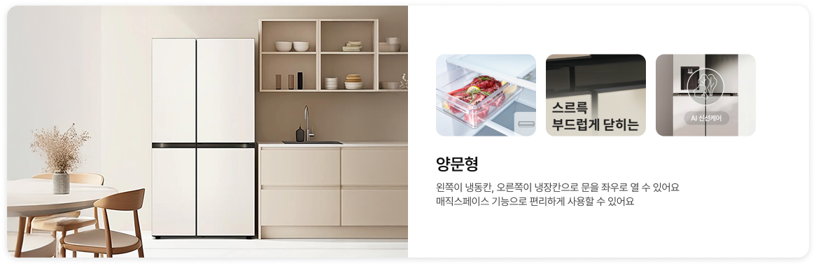 양문형 냉장고 소개 이미지. 좌측에는 따뜻한 분위기의 주방에 배치된 흰색 양문형 냉장고가 있고, 우측에는 육류가 보관된 신선 서랍, 부드럽게 닫히는 도어 힌지, AI 신선케어 마크가 표시된 기능 이미지가 있음