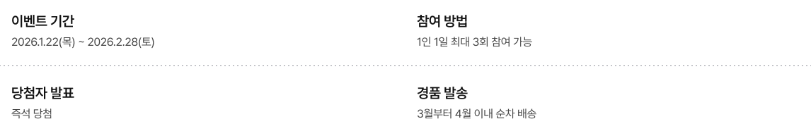 이벤트 기간, 참여 방법 및 당첨자 발표 경품 발송 안내 이미지