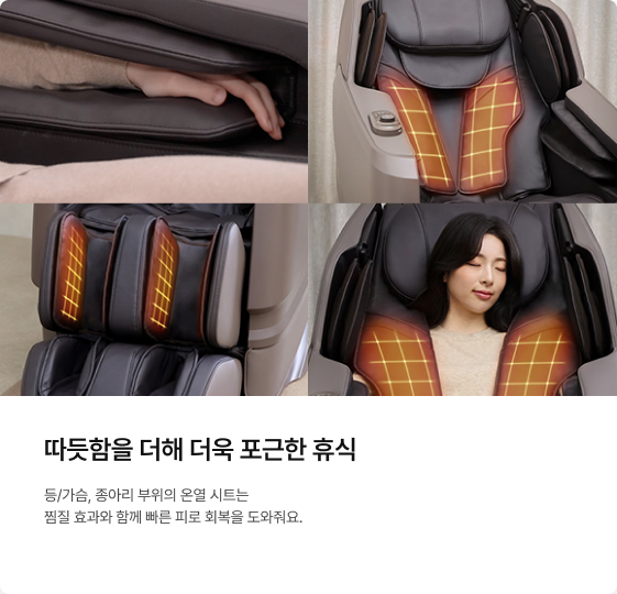 등, 손, 어깨, 종아리 등 신체 부위별 온열 시트가 작동하는 모습을 시각화한 4분할 이미지