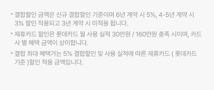 결합할인 금액은 신규 결합할인 기준이며 6년 계약 시 5%, 4-5년 계약 시 3% 할인 적용되고 3년 계약 시 미적용 됩니다. 제휴카드 할인은 롯데카드 월 사용 실적 30만원 / 160만원 충족 시이며, 카드사 별 혜택 금액이 상이합니다. 결합 최대 혜택가는 5% 결합할인 및 사용 실적에 따른 제휴카드 ( 롯데카드 기준 )할인 적용 금액입니다.
