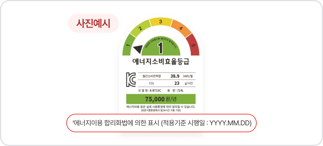 에너지소비효율등급 라벨 예시. 라벨의 가장 하단에 '적용기준 시행일'이 표시되어 있습니다.