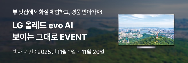 좌측에 '뷰 맛집에서 화질 체험하고, 경품 받아가자!, LG 올레드 evo AI 보이는 그대로 EVENT' , '행사 기간 : 2025년 11월 1일 ~ 11월 20일' 텍스트 배치되어있고, 
대형 화면 속 창가에 앉아 강과 도심 뷰 모습이 보입니다.