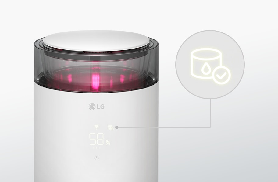 LG 퓨리케어 오브제컬렉션 하이드로에센셜 제품의 정수필터 교체 알림 기능이 붉은색 조명으로 켜져있는 모습입니다. 디스플레이의 물방울과 체크 표시가 있는 아이콘이 확대되어 있습니다.