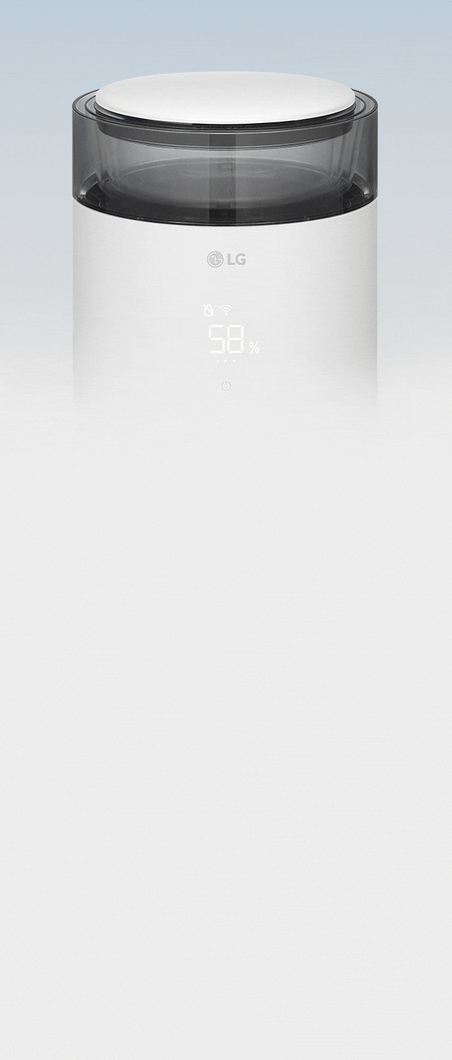 LG 퓨리케어 오브제컬렉션 하이드로에센셜 제품의 투명한 물통에 물 채움 알림 기능이 켜져 푸른색의 조명이 깜박이는 모습을 보여주는 영상입니다.