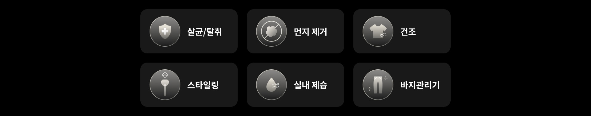 살균/탈취, 먼지 제거, 건조, 스타일링, 실내 제습, 바지 관리기라는 텍스트가 각각의 아이콘과 함께 배치되어 있습니다. 배경은 어두운 색상입니다.