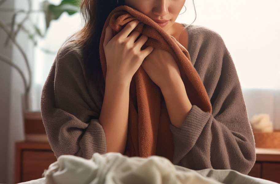 여성이 부드러운 갈색 담요를 두 손으로 감싸 안고 있는 모습입니다. 편안한 회색 스웨터를 입고 있으며, 주변에는 식물이 놓여져 있는 따뜻한 분위기의 실내 공간입니다.
