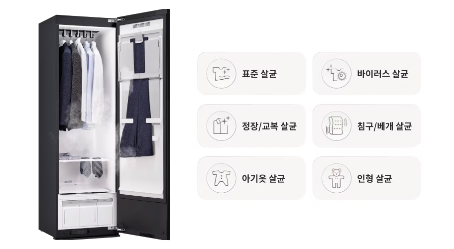 옷장 형태의 기기가 열려 있으며, 여러 벌의 옷이 걸려 있습니다. 기기 내부에는 증기가 발생하고 있습니다. 옆에는 여섯 개의 아이콘과 텍스트가 나열되어 있습니다. 각각의 텍스트는 