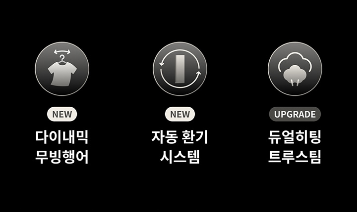 검은색 배경에 세 개의 아이콘과 텍스트가 있습니다. 첫 번째 아이콘은 옷걸이에 옷이 걸린 모양이며, 