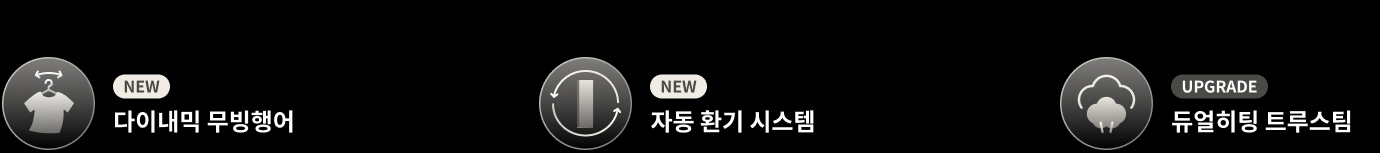 검은색 배경에 세 개의 아이콘과 텍스트가 있습니다. 첫 번째 아이콘은 옷걸이에 옷이 걸린 모양이며, 