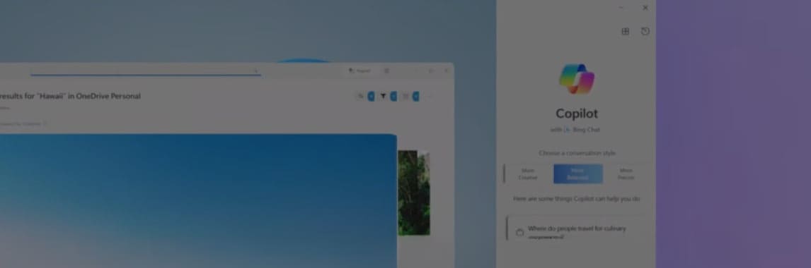 두 개의 창이 나란히 열려 있으며, 왼쪽 창에는 Results for Hawaii in OneDrive Personal이라는 텍스트가 보입니다. 오른쪽 창에는 Copilot with Bing Chat이라는 제목과 함께 대화 스타일을 선택하는 옵션이 있습니다. 하단에는 Here are some things Copilot can help you do!라는 문구가 있으며, Where do people travel for culinary experiences?라는 질문이 표시되어 있습니다.