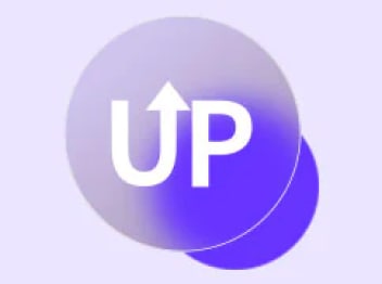보라색과 회색이 섞인 원형 배경 위에 "UP"라는 텍스트가 화살표와 함께 표시되어 있습니다.