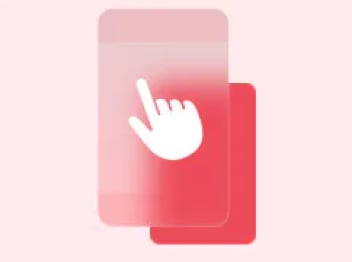 두 개의 겹쳐진 빨간색 직사각형이 있으며, 위쪽 직사각형에는 손가락 모양의 아이콘이 그려져 있습니다. 배경은 연한 분홍색입니다.