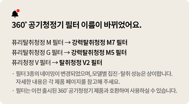 360˚ 공기청정기 필터 이름이 바뀌었어요.라는 문구와 퓨리탈취청정 M 필터에서 강력탈취청정 M7 필터로, 퓨리탈취청정 G 필터에서 강력탈취청정 M5 필터로, 퓨리청정 V 필터에서 탈취청정 V2 필터로 변경된 이름이 설명되고 있습니다. 필터 3종의 네이밍이 변경되었으며, 모델별 집진 탈취 성능은 상이합니다. 자세한 내용은 각 제품 페이지를 참고해 주세요.와 필터는 이전 출시된 360˚ 공기청정기 제품과 호환하여 사용하실 수 있습니다.라는 안내가 있습니다.