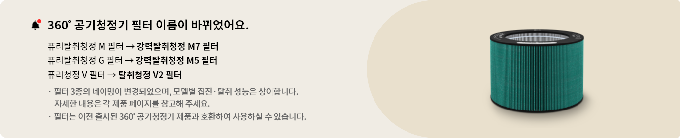 360˚ 공기청정기 필터 이름이 바뀌었어요.라는 문구와 퓨리탈취청정 M 필터에서 강력탈취청정 M7 필터로, 퓨리탈취청정 G 필터에서 강력탈취청정 M5 필터로, 퓨리청정 V 필터에서 탈취청정 V2 필터로 변경된 이름이 설명되고 있습니다. 필터 3종의 네이밍이 변경되었으며, 모델별 집진 탈취 성능은 상이합니다. 자세한 내용은 각 제품 페이지를 참고해 주세요.와 필터는 이전 출시된 360˚ 공기청정기 제품과 호환하여 사용하실 수 있습니다.라는 안내가 있습니다. 녹색 원통형 필터의 모습이 포함되어 있습니다.