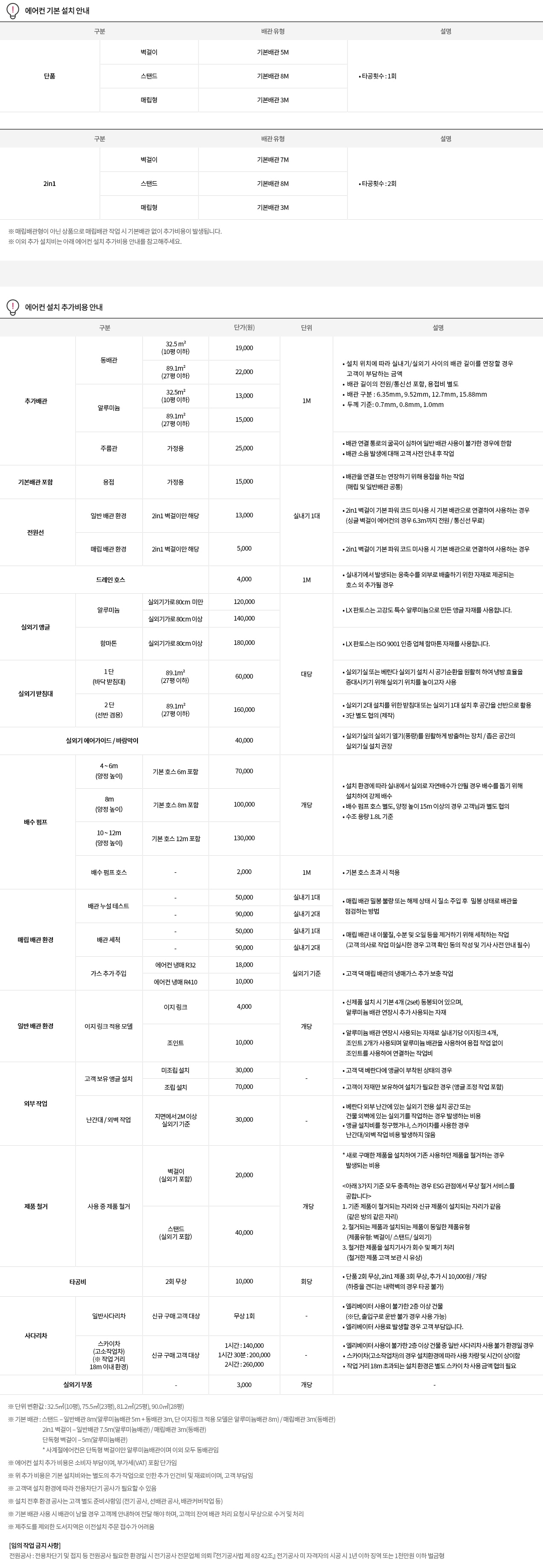 에어컨 기본 설치 & 추가 비용 안내