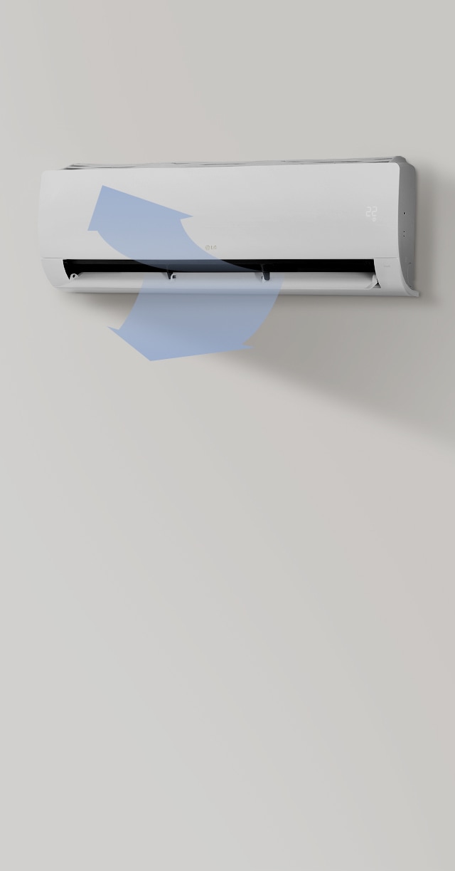 벽에 걸린 벽걸이 에어컨과 위, 아래, 양옆으로 나오는 바람