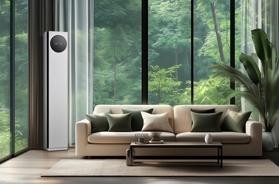 LG 휘센 AI 오브제컬렉션 타워I 에어컨이 거실의 왼쪽 구석에 세워져 있으며, 에어컨의 원형 디스플레이에는 24.5°C와 55%라는 숫자가 표시되어 있습니다. 에어컨 옆으로는 큰 창문이 있어 푸른 숲의 풍경이 보이며, 창문 앞에는 베이지색 소파가 놓여 있습니다. 소파 위에는 여러 개의 녹색과 흰색 쿠션이 배열되어 있고, 소파 앞에는 낮은 테이블이 놓여 있습니다. 테이블 위에는 장식품과 책이 놓여 있으며, 오른쪽에는 큰 화분에 심어진 녹색 식물이 배치되어 있습니다.