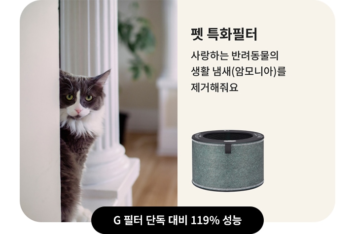 고양이가 기둥 옆에서 얼굴을 내밀고 있는 모습이 보입니다. 배경에는 소파와 쿠션이 있으며, 식물이 놓여 있습니다. 텍스트로 펫 특화필터 사랑하는 반려동물의 생활 냄새(암모니아)를 제거해줘요라고 적혀 있습니다. 필터 이미지와 함께 G 필터 단독 대비 119% 성능이라는 문구가 포함되어 있습니다.