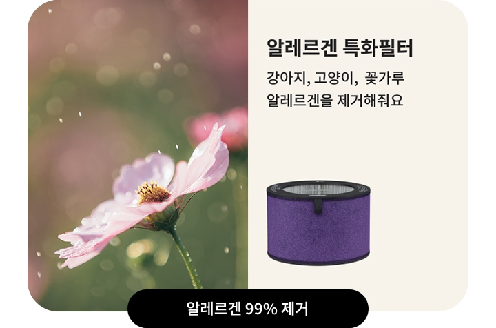 분홍색 꽃이 흐릿한 배경 앞에 있으며, 빛이 반사되어 반짝이는 모습입니다. 오른쪽에는 알레르겐 특화필터라는 제목과 함께 강아지, 고양이, 꽃가루 알레르겐을 제거해줘요라는 설명이 있습니다. 보라색 필터 이미지와 알레르겐 99% 제거라는 문구가 있는 버튼이 포함되어 있습니다.