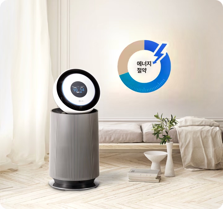 세련된_디자인의_공기청정기가_방_안에_놓여_있으며,_디지털_화면에_10,_14라는_숫자가_표시되어_있습니다._주변에는_커튼이_드리워진_창문과_소파가_보이며,_작은_테이블_위에_책과_화분이_놓여_있습니다._벽에는_에너지_절약이라는_문구와_함께_파란색과_회색으로_구성된_원형_그래프가_그려져_있습니다.