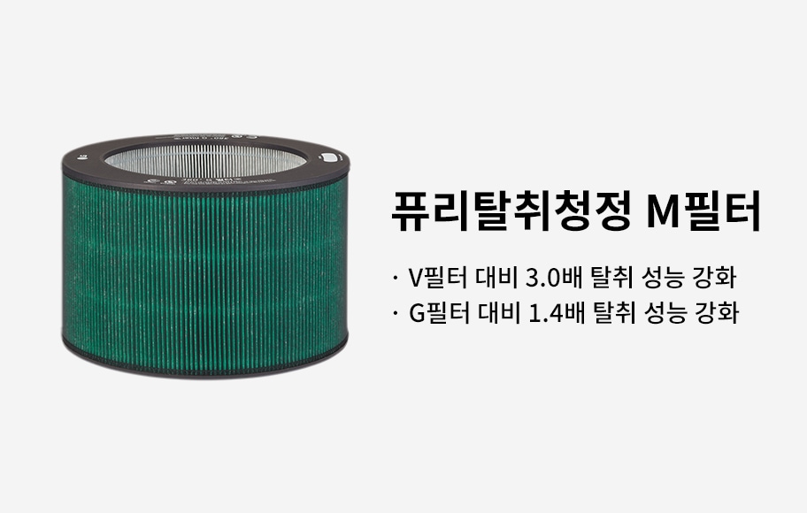 이미지에는 원통형의 녹색 필터가 있으며, 오른쪽에는 퓨리탈취청정 M필터라는 제목과 함께 V필터 대비 3.0배 탈취 성능 강화, G필터 대비 1.4배 탈취 성능 강화라는 문구가 있습니다. 배경은 단색입니다.
