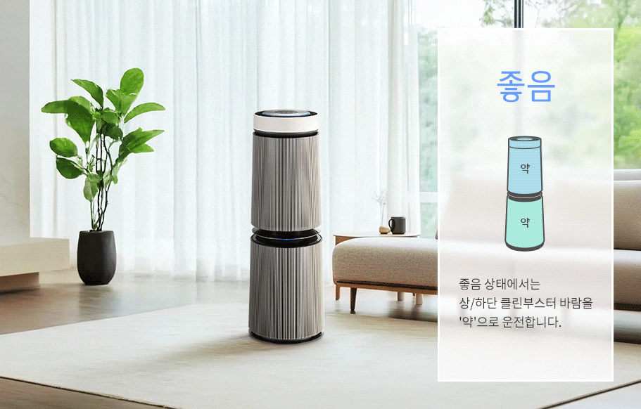 좋음 상태에서는 상/하단 클린부스터 바람을 ‘약＇으로 운전합니다. 보통 상태에서는 상/하단 클린부스터 바람을 ‘중＇으로 운전합니다.