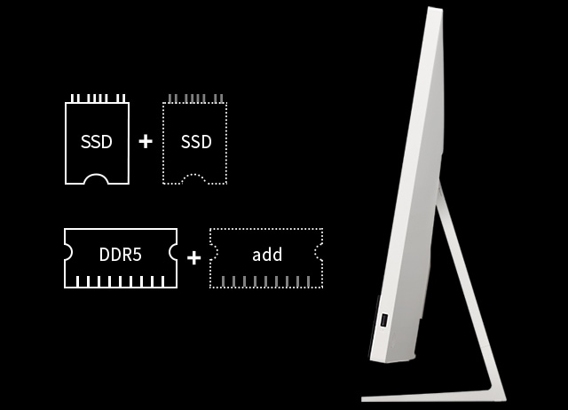 흰색 배경의 컴퓨터 옆면이 보이며, USB 포트가 있습니다. 왼쪽에는 SSD와 DDR5 메모리 모듈을 추가할 수 있다는 내용의 다이어그램이 있습니다. SSD와 SSD, DDR5와 추가 메모리를 더할 수 있다는 표시가 있습니다.