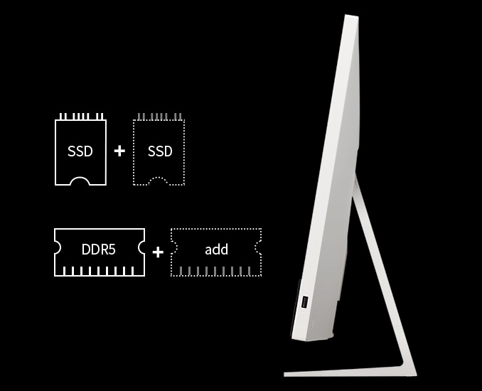 흰색 배경의 컴퓨터 옆면이 보이며, USB 포트가 있습니다. 왼쪽에는 SSD와 DDR5 메모리 모듈을 추가할 수 있다는 내용의 다이어그램이 있습니다. SSD와 SSD, DDR5와 추가 메모리를 더할 수 있다는 표시가 있습니다.