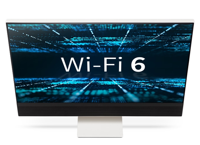 컴퓨터 모니터 화면에 Wi-Fi 6라는 텍스트가 표시되어 있으며, 배경은 디지털 데이터가 흐르는 듯한 파란색과 검은색의 추상적인 패턴으로 구성되어 있습니다.