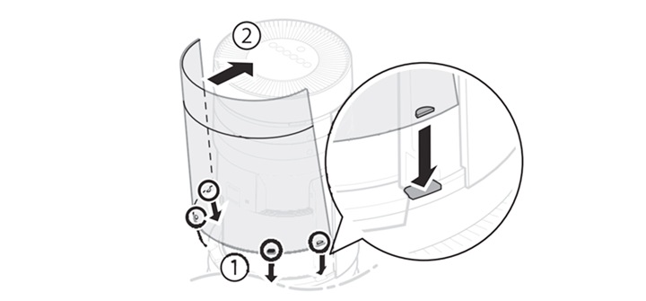 5. 커버 하단의 고정부를 제품의 커버 조립부 하단에 있는 좌우 4개의 고정홈에 끼운 후 커버를 닫아 주세요1
