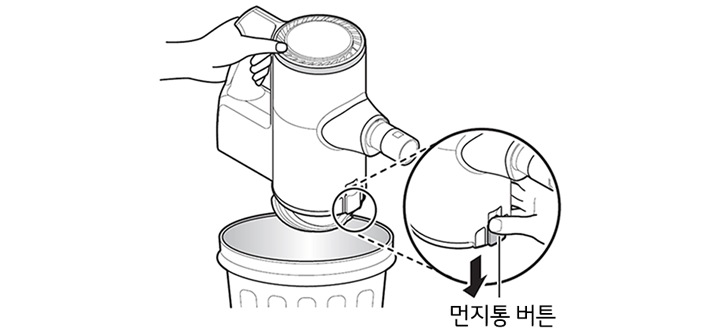 1. 청소하기 전 제품 본체에서 배터리를 분리하십시오<br><br>2. 먼지통을 비울 시 휴지통 또는 이물질을 받을 수 있는 곳으로 이동을 하십시오<br><br>3. 먼지통 버튼을 밑으로 눌러 먼지통 뚜껑을 여십시오1