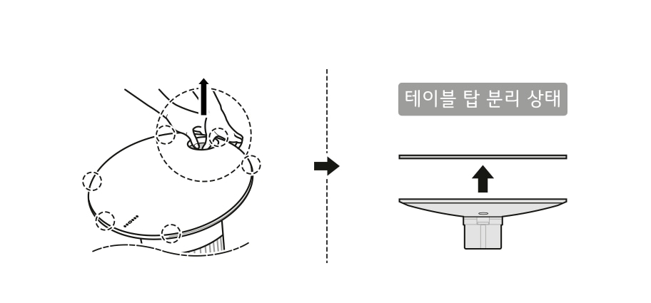 2. 무선 충전부 위치의 체결부를 아래 그림과 같이<br>먼저 들어 올려 해체한 후 테이블 탑을 위로 들어올려 분리하세요<br><br>▷ 라운드형은 6개, 트랙형은 10개의 체결부를 해체하세요1