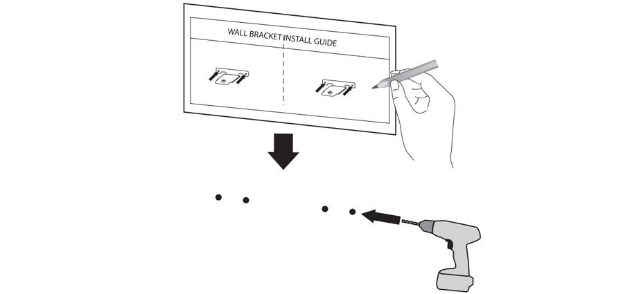 2. 벽걸이 설치 가이드 (WALL BRACKET INSTALLGUIDE) 위에 벽걸이용 거치대를 부착시킬위치를 표시하세요<br><br>3. 드릴을 이용하여 표시한 위치에 나사 구멍을 만드세요<br><br>4. 벽걸이 설치 가이드 (WALL BRACKET INSTALLGUIDE)를 제거하세요1