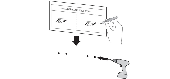 2. 벽걸이 설치 가이드 (WALL BRACKET INSTALLGUIDE) 위에 벽걸이용 거치대를 부착시킬위치를 표시하세요<br><br>3. 드릴을 이용하여 표시한 위치에 나사 구멍을 만드세요<br><br>4. 벽걸이 설치 가이드 (WALL BRACKET INSTALLGUIDE)를 제거하세요1
