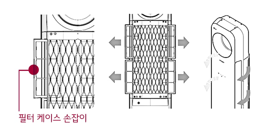 1. 제품이 운전을 정지한 후 제품 뒷면에서 교체하고자 하는 필터 케이스의 손잡이 부분을 살짝 당겨 필터 케이스를 꺼내 주세요1