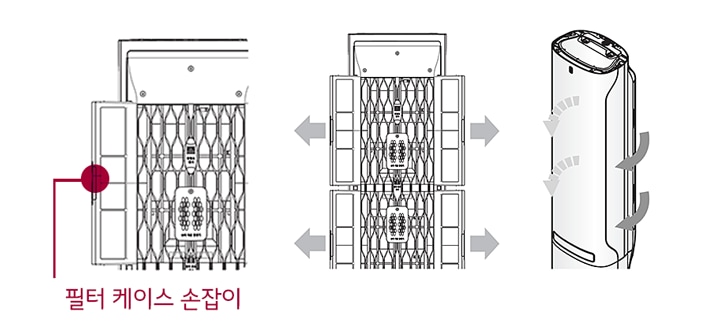 1. 제품이 운전을 정지한 후 제품 뒷면에서 교체하고자 하는 필터 케이스의 손잡이 부분을 살짝 당겨 필터 케이스를 꺼내 주세요1