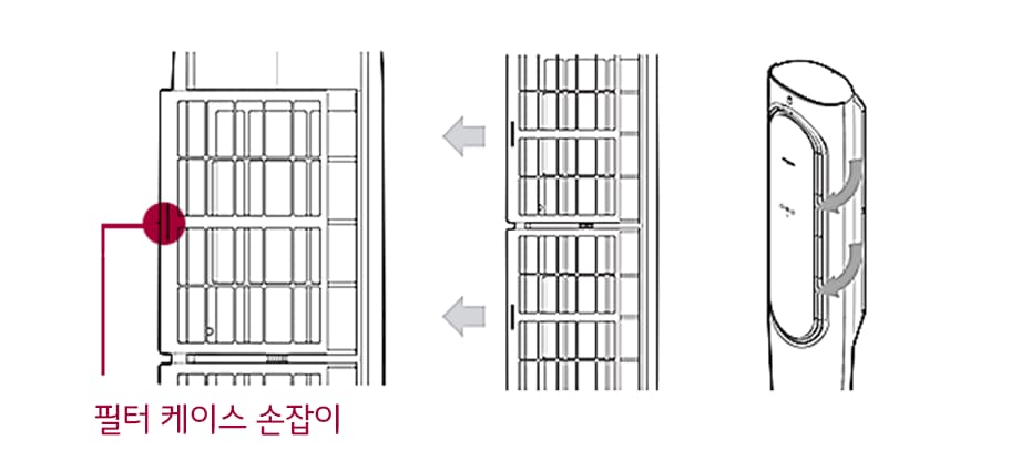 1. 제품이 운전을 정지한 후 제품 뒷면에서 교체하고자 하는 필터 케이스의 손잡이 부분을 살짝 당겨 필터 케이스를 꺼내 주세요1