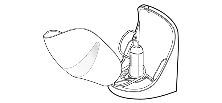 2. 거치대에 컨트롤러를 삽입 후, Derma LED 마스크의 케이블을 컨트롤러 주위로 감아 정리한 뒤 본 기기를 거치하세요1