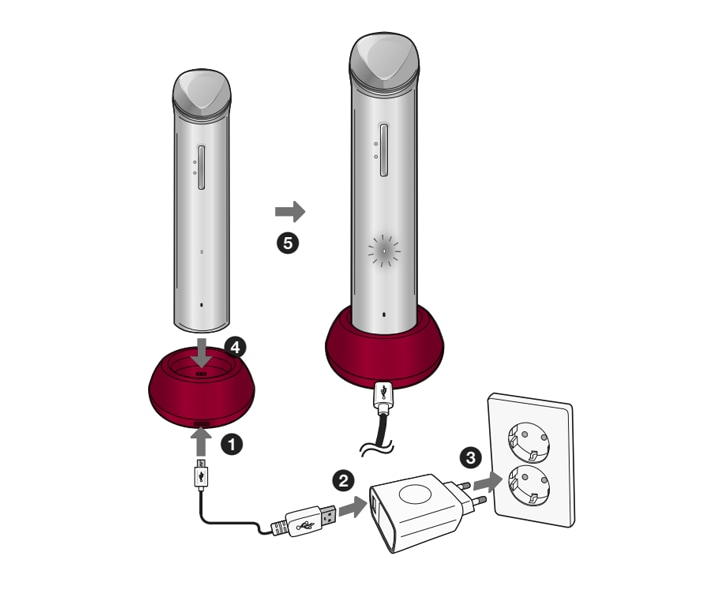 1. USB 케이블을 사용하여 충전 어댑터에 연결하세요<br><br>2. 본 기기의 충전 거치대에 USB 케이블을 연결하세요<br><br>3. 충전 어댑터를 전원 콘센트에 연결하세요<br><br>4. 제품을 충전 거치대에 올려 충전하세요<br><br>▷ 배터리 충전이 완료되었을 때 본 기기의 배터리 상태 LED 표시등이 녹색으로 변합니다1