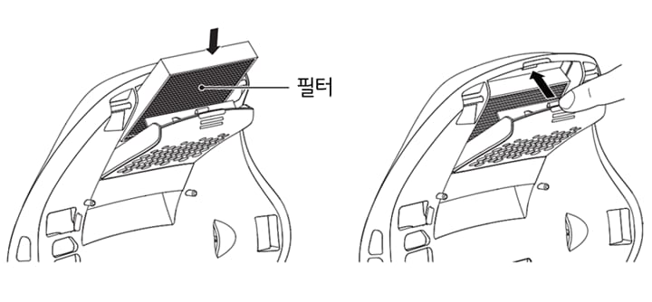 2. 열려 있는 필터 케이스에 필터를 밀어 넣고 딸깍 소리가 날 때까지 필터 케이스를 안쪽으로 밀어 넣습니다1