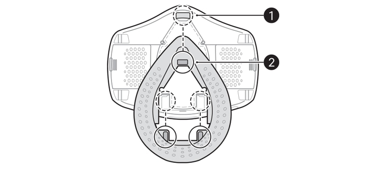 3. 세척한 페이스가드의 물기를 제거한 후, 제품과 페이스가드를 조립하세요<br><br>4. 이너커버를 장착한 제품에 페이스가드를 장착하세요<br>▷ 제품 본체의 자석(❶)에 페이스가드 뒷면의 금속(❷)을 부착하세요1