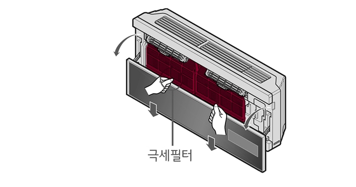 3. 전면판넬을 내리고 극세필터를 빼주세요1