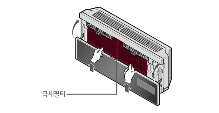 5. 그늘에서 완전히 말린 극세필터를 끼우고 전면판넬을 닫아주세요1