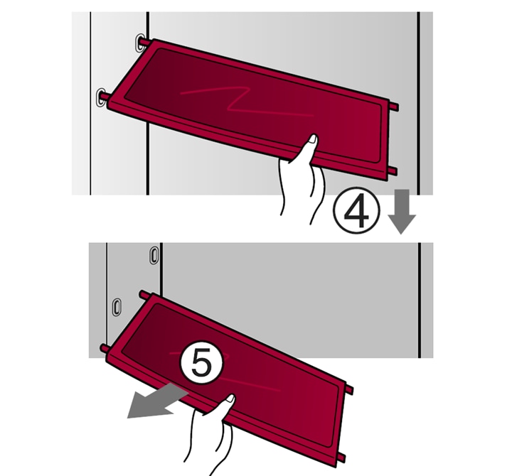 2. 왼쪽 벽으로 밀게 되면 오른쪽에 고정되어 있던 부분이 빠져나와 비스듬히(④) 기울게 되면, 비스듬한 상태에서 냉장고에서 빼내세요(⑤)1